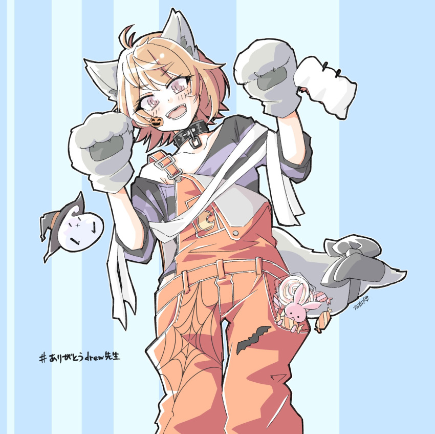 1girl, ahoge, animal_collar, animal_ears, animal_hands, animal_print, bat_print, black_collar