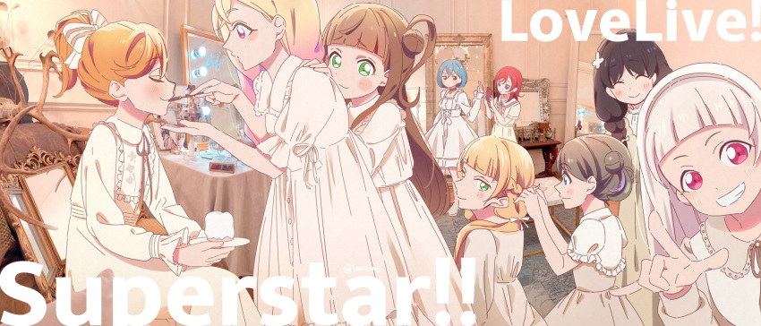 6+girls, \m/, ^_^, applying_makeup, arashi_chisato, black_hair, blonde_hair, blue_eyes