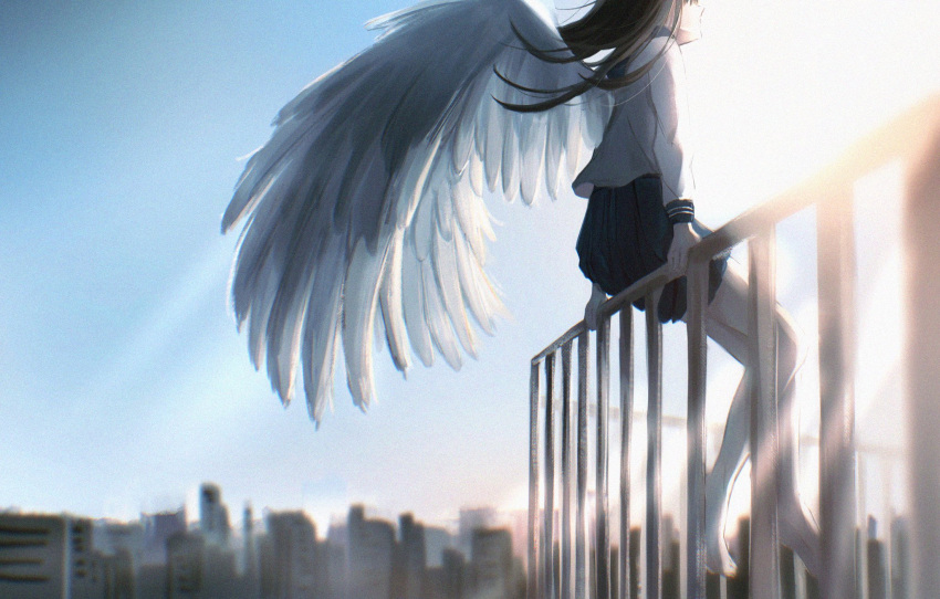 1girl, angel_wings, barefoot, black_hair, blue_skirt, blurry, blurry_background, commentary_request, ezuki_riia, feathered_wings, floating_hair, highres, long_hair, long_sleeves, on_railing, original, pleated_skirt, railing, school_uniform, serafuku, shirt, skirt, solo, white_shirt, wings