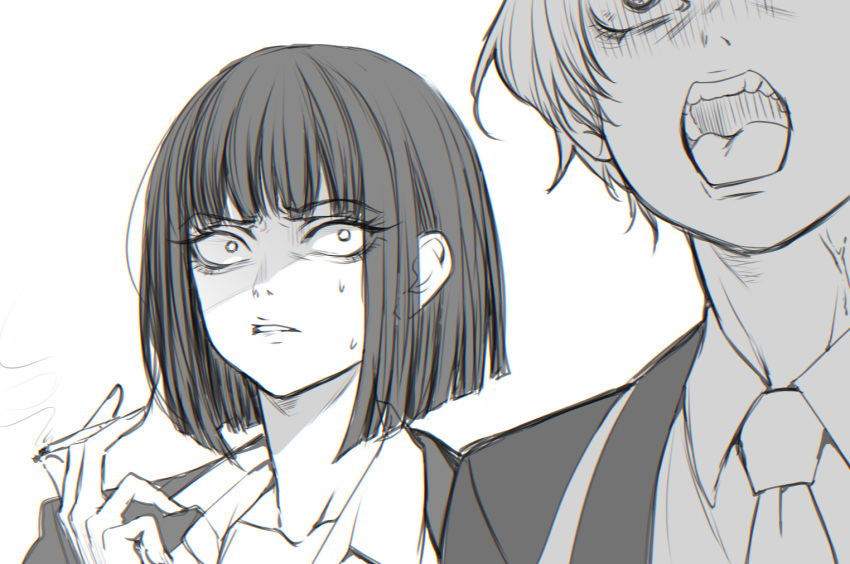 1boy, 1girl, angry, cigarette, holding, holding_cigarette, limbus_company, maki_maki_(makimakipoipoi)