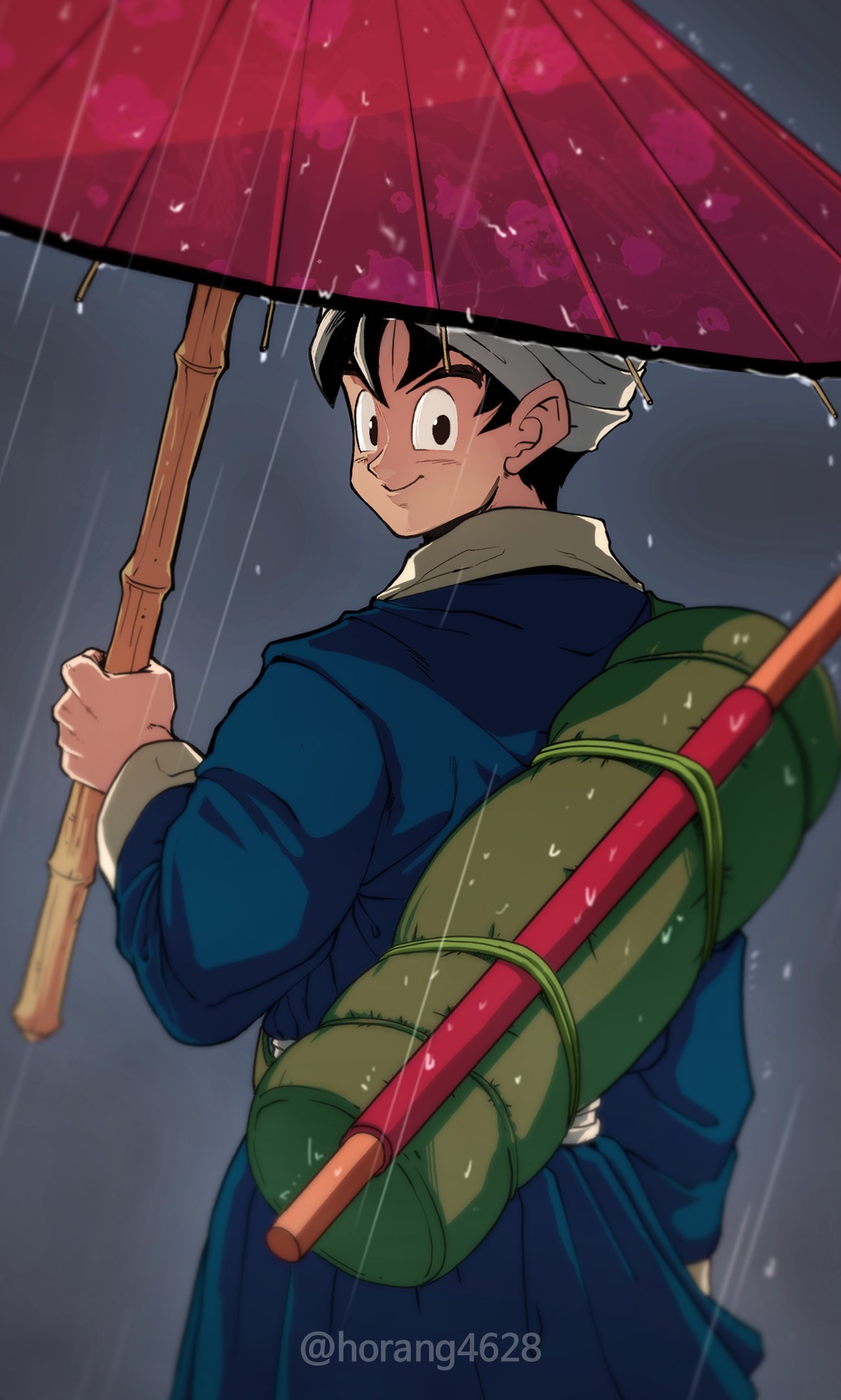 1boy, black_hair, blue_coat, coat, cowboy_shot, dragon_ball, dragon_ball_(classic), from_behind