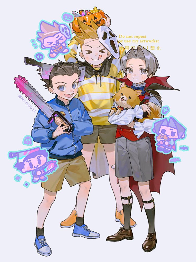 >_<, 3boys, ace_attorney, aged_down, animal, arms_up, bandaid, bandaid_on_knee