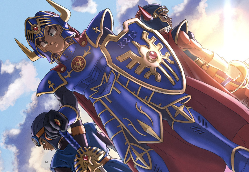 3boys, armor, blue_armor, blue_eyes, blue_tunic, cape, commentary_request, dragon_quest