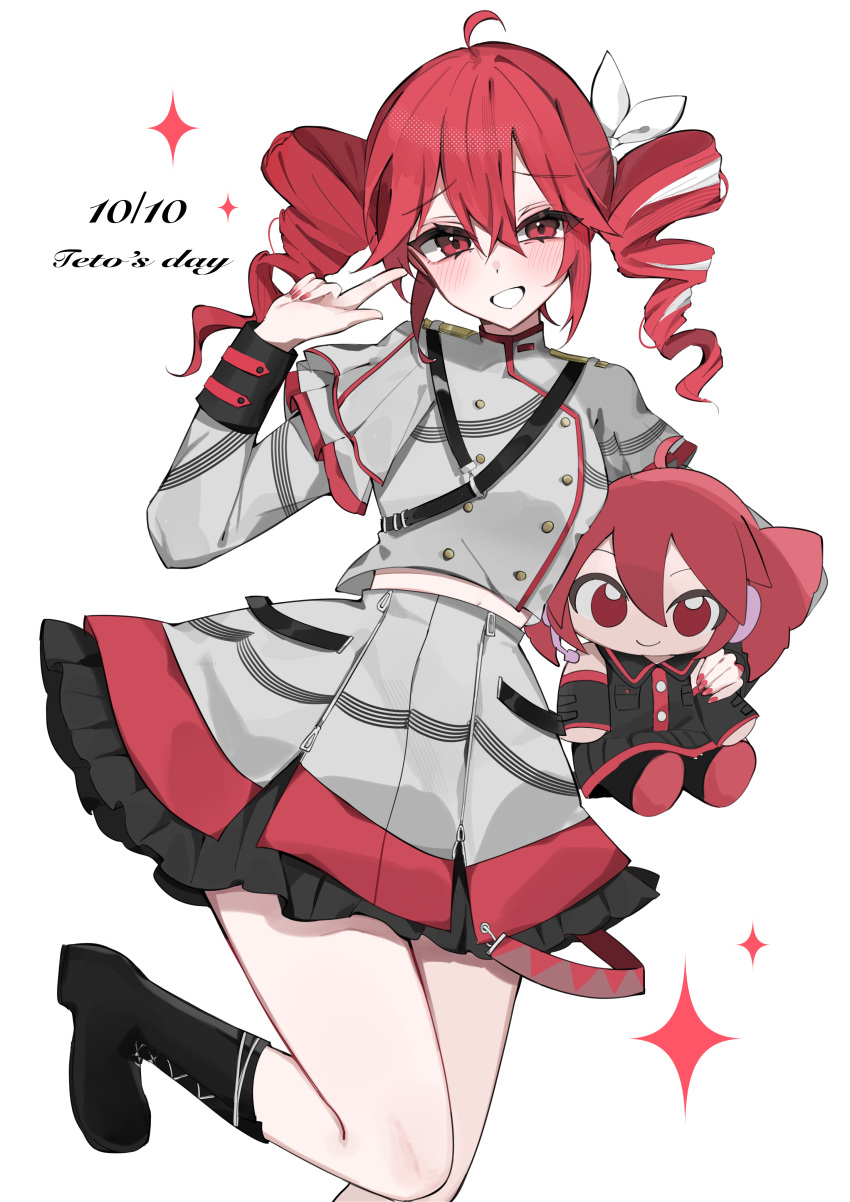 1girl, absurdres, ahoge, belt, black_belt, black_footwear, black_shirt, black_skirt, black_sleeve_cuffs, black_sleeves, blush, boots, bow, buttons, character_doll, collared_shirt, commentary_request, cross-laced_footwear, dated, detached_sleeves, double-breasted, drill_hair, english_text, fingernails, foot_out_of_frame, grey_jacket, grey_skirt, grin, hair_between_eyes, hair_bow, hair_ribbon, hand_up, highres, holding, holding_stuffed_toy, index_finger_raised, jacket, kasane_teto, kasane_teto_(sv), knee_boots, lace-up_boots, layered_skirt, leg_up, long_sleeves, medium_skirt, midriff_peek, nail_polish, parted_bangs, pleated_skirt, red_eyes, red_nails, redhead, ribbon, shirt, shoulder_belt, shoulder_boards, simple_background, single_sleeve_past_elbow, skirt, skirt_set, sleeve_cuffs, sleeveless, sleeveless_shirt, smile, solo, standing, standing_on_one_leg, star_(symbol), striped_clothes, striped_skirt, stuffed_toy, synthesizer_v, twin_drills, twintails, utau, waimoniku, white_background, white_bow, white_ribbon, wing_collar