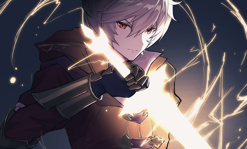 1boy, albert_(shingeki_no_bahamut), arm_up, armored_gloves, blonde_hair, blue_gloves, closed_mouth, collared_tunic