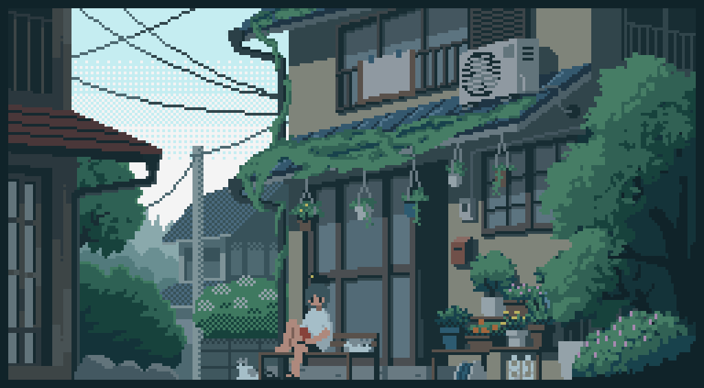 1girl, air_conditioner, animal, animated, animated_gif, bench, building, bush