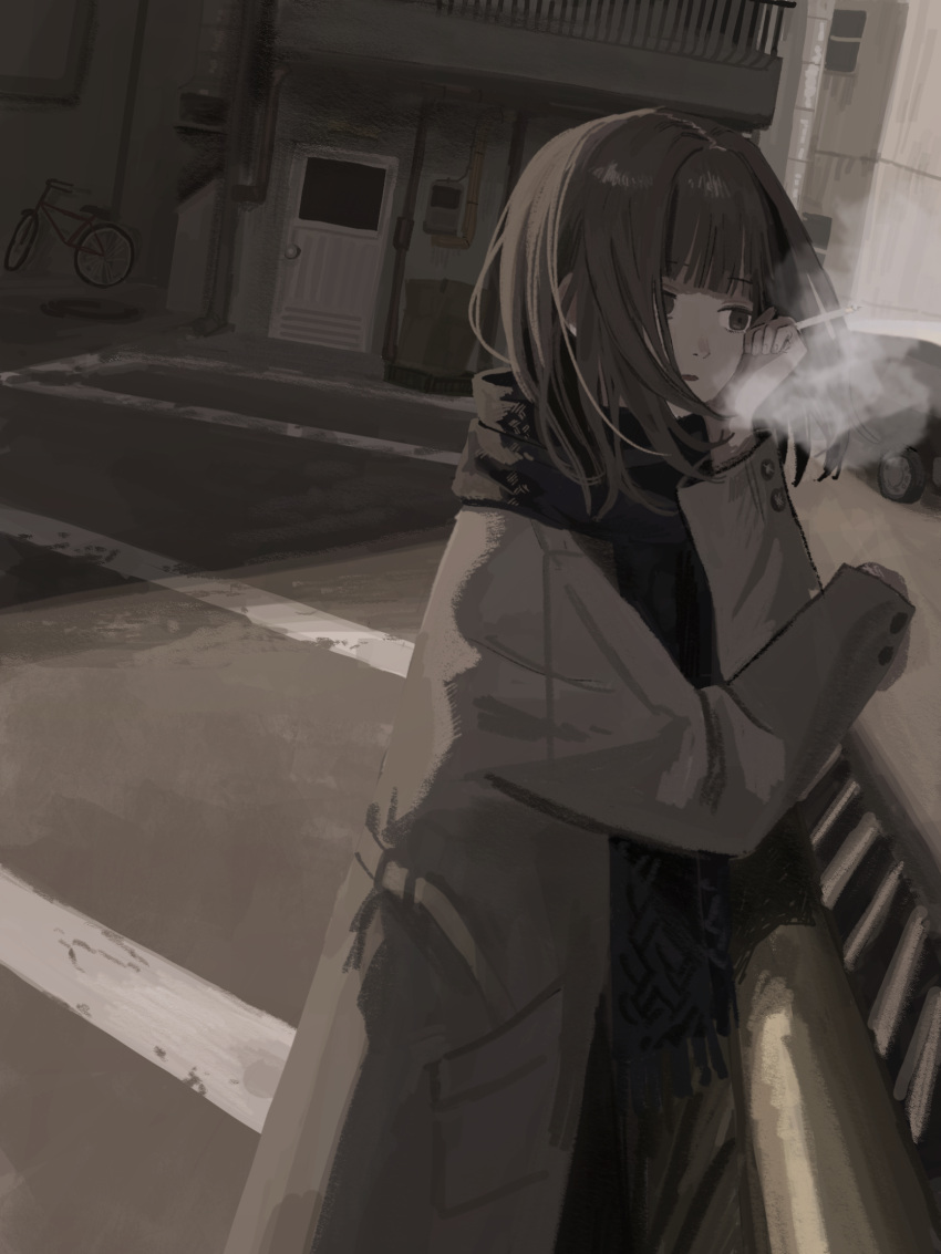 1girl, bicycle, black_eyes, black_hair, black_scarf, breath, building, buttons