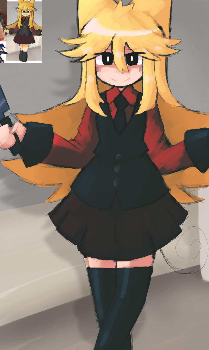 1girl, absurdres, animal_ears, bad_id, bad_twitter_id, black_eyes, black_necktie, black_thighhighs