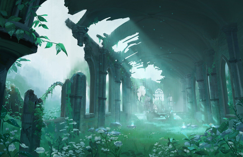 blupee, dome, flower, grass, joanne_tran, light_rays, overgrown, post-apocalypse, rain, statue, temple_of_time, the_legend_of_zelda, the_legend_of_zelda:_breath_of_the_wild, white_flower