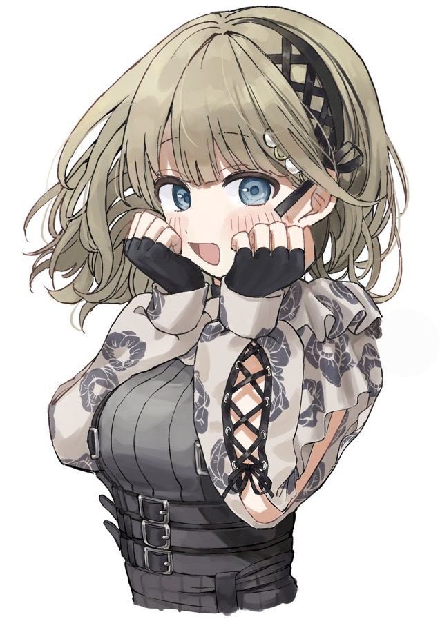 1girl, belt, black_gloves, blue_eyes, blush, cattleya_regina_games, cropped_torso, fingerless_gloves