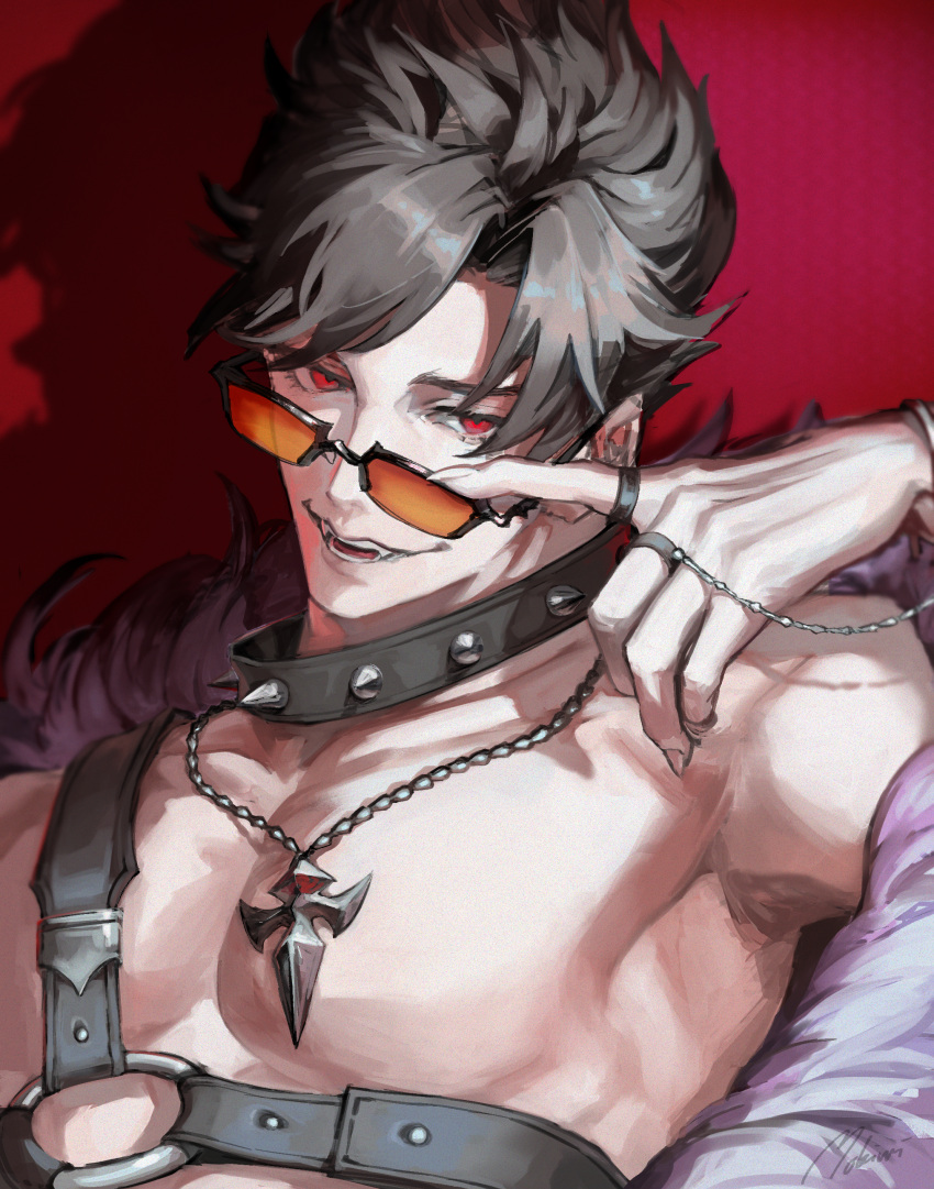 1boy, absurdres, adjusting_eyewear, alternate_costume, bare_shoulders, belial_(granblue_fantasy), belial_(summer)_(granblue_fantasy), black-framed_eyewear