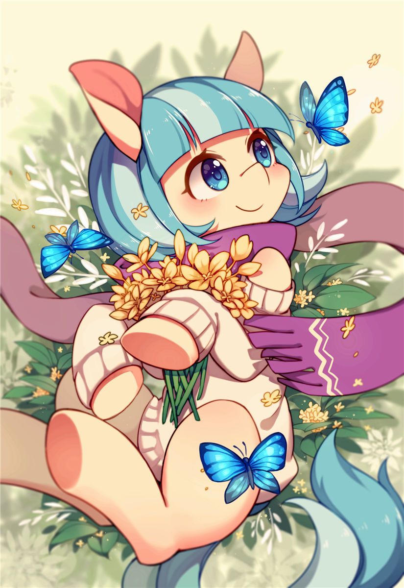 animal, animal_focus, blue_eyes, blue_hair, blush, bug, butterfly, clothed_animal