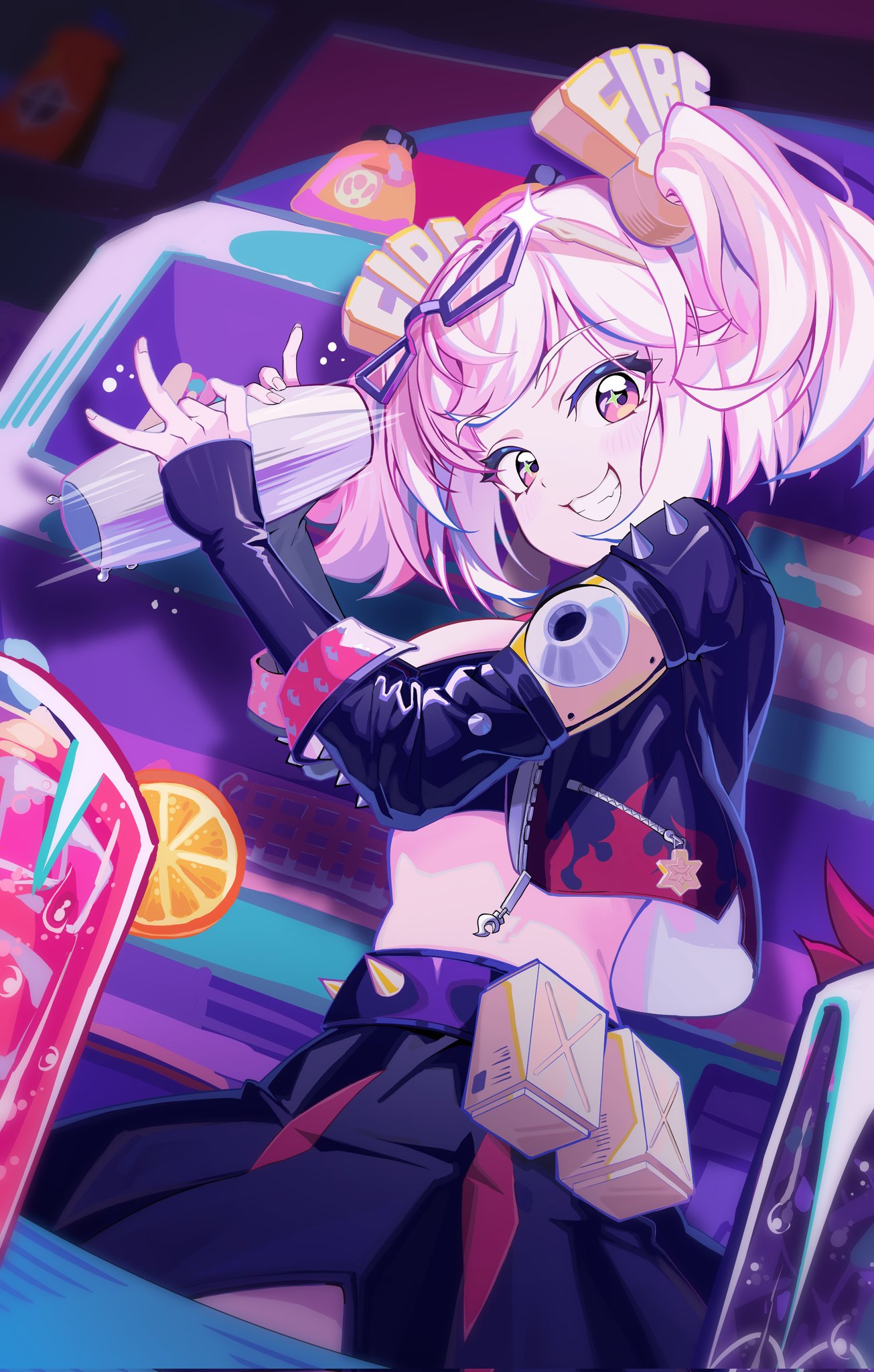 1girl, black_jacket, black_skirt, blonde_hair, burnice_white, cocktail_shaker, commentary, crop_top