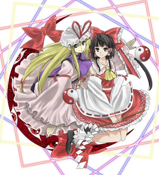 ascot, black_hair, blonde_hair, bow, detached_sleeves, gap, gohei, hair_bow