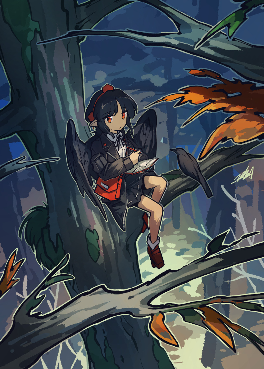 1girl, absurdres, bag, bird, bird_wings, black_hair, black_jacket, black_skirt