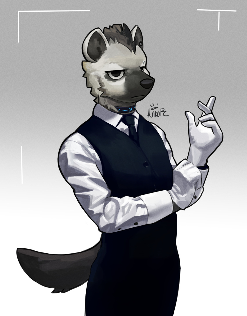 1boy, absurdres, animal_ear_fluff, ankorthewolf, arknights, artist_name, black_hair, black_necktie