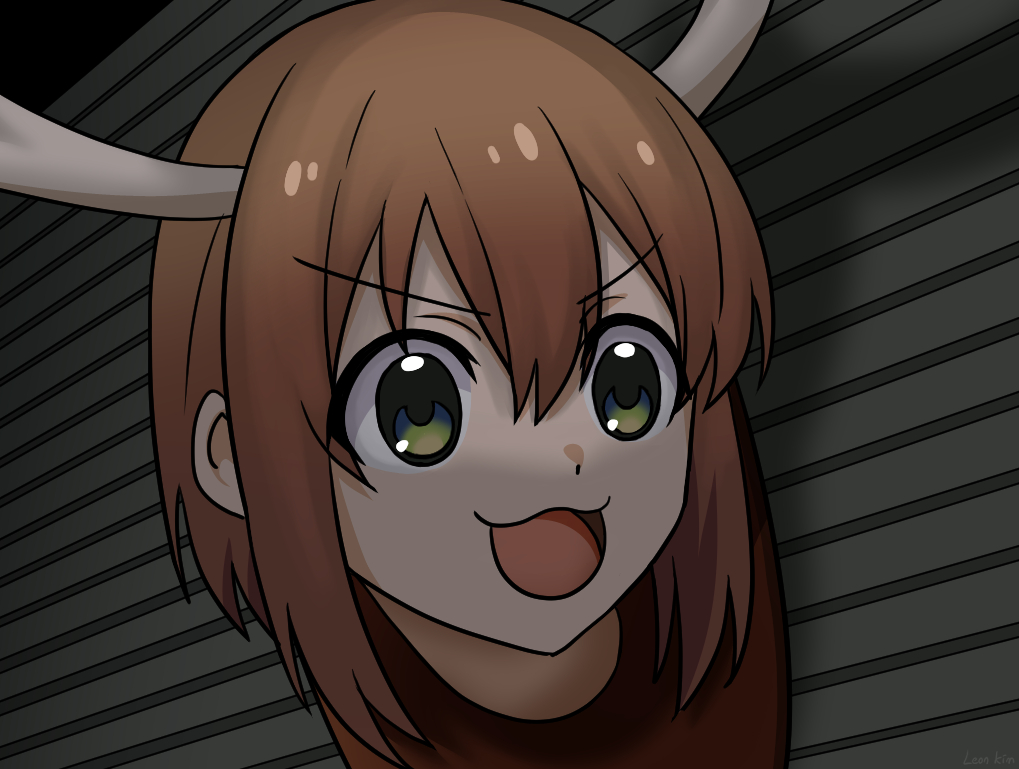 :3, antlers, brown_hair, deer_antlers, deer_girl, evil_dead, green_eyes, horns
