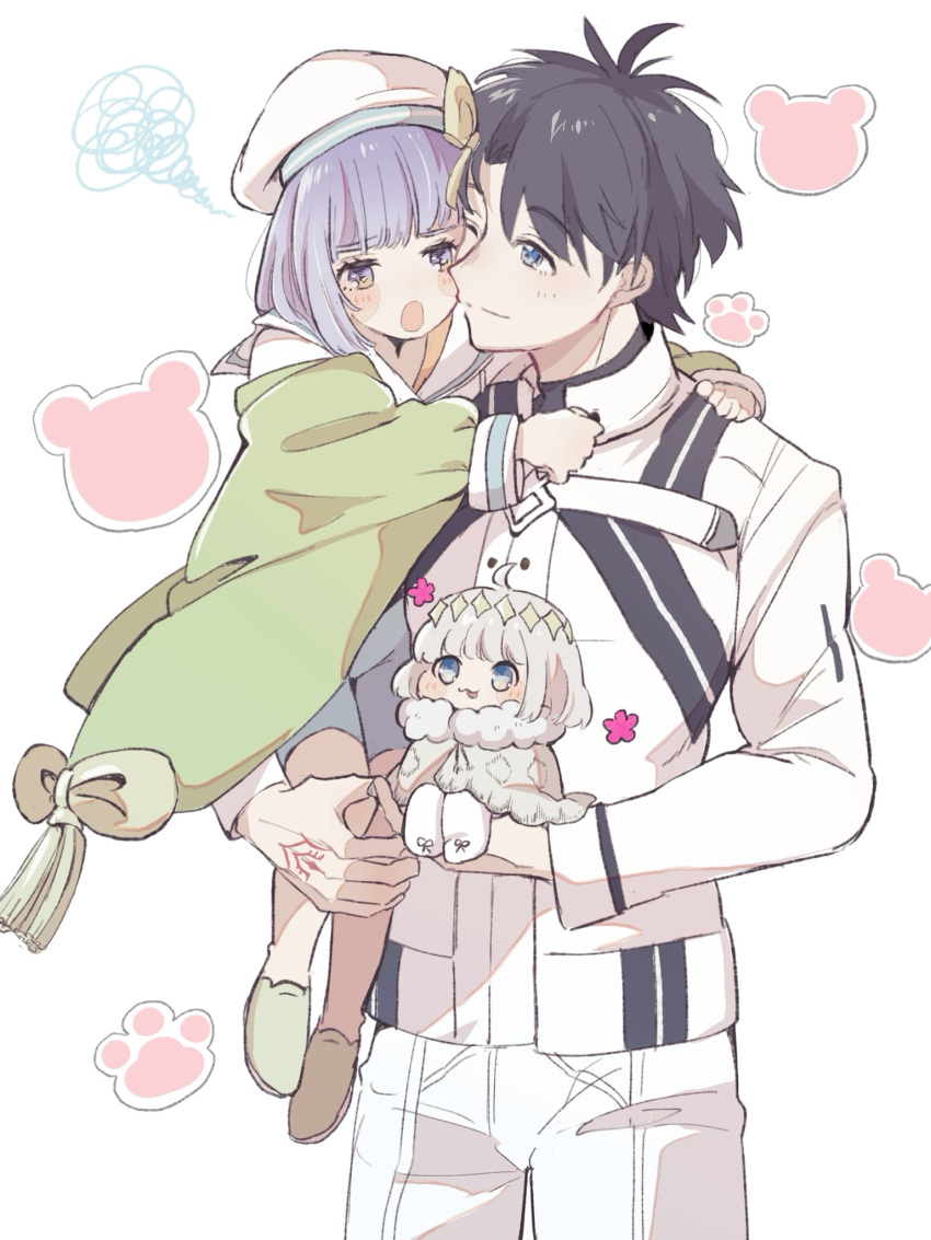 1girl, 2boys, ahoge, black_hair, blue_eyes, blush, blush_stickers, carrying