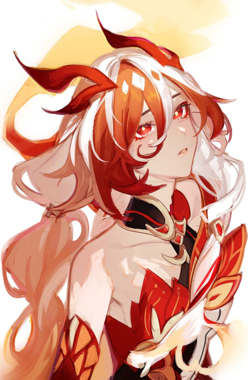 1girl, arbk_r, bare_shoulders, chinese_clothes, commentary, eyeliner, fu_hua, fu_hua_(fenghuang_of_vicissitude), hair_between_eyes, hashtag-only_commentary, highres, honkai_(series), honkai_impact_3rd, long_hair, looking_up, makeup, multicolored_hair, parted_lips, red_eyeliner, red_eyes, red_scales, redhead, solo, streaked_hair, symbol-shaped_pupils, two-tone_hair, upper_body, white_hair, yellow_pupils