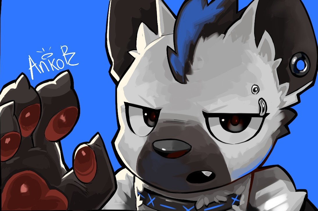 1boy, animal_ear_fluff, ankorthewolf, arknights, artist_name, black_eyes, black_hair, blue_background