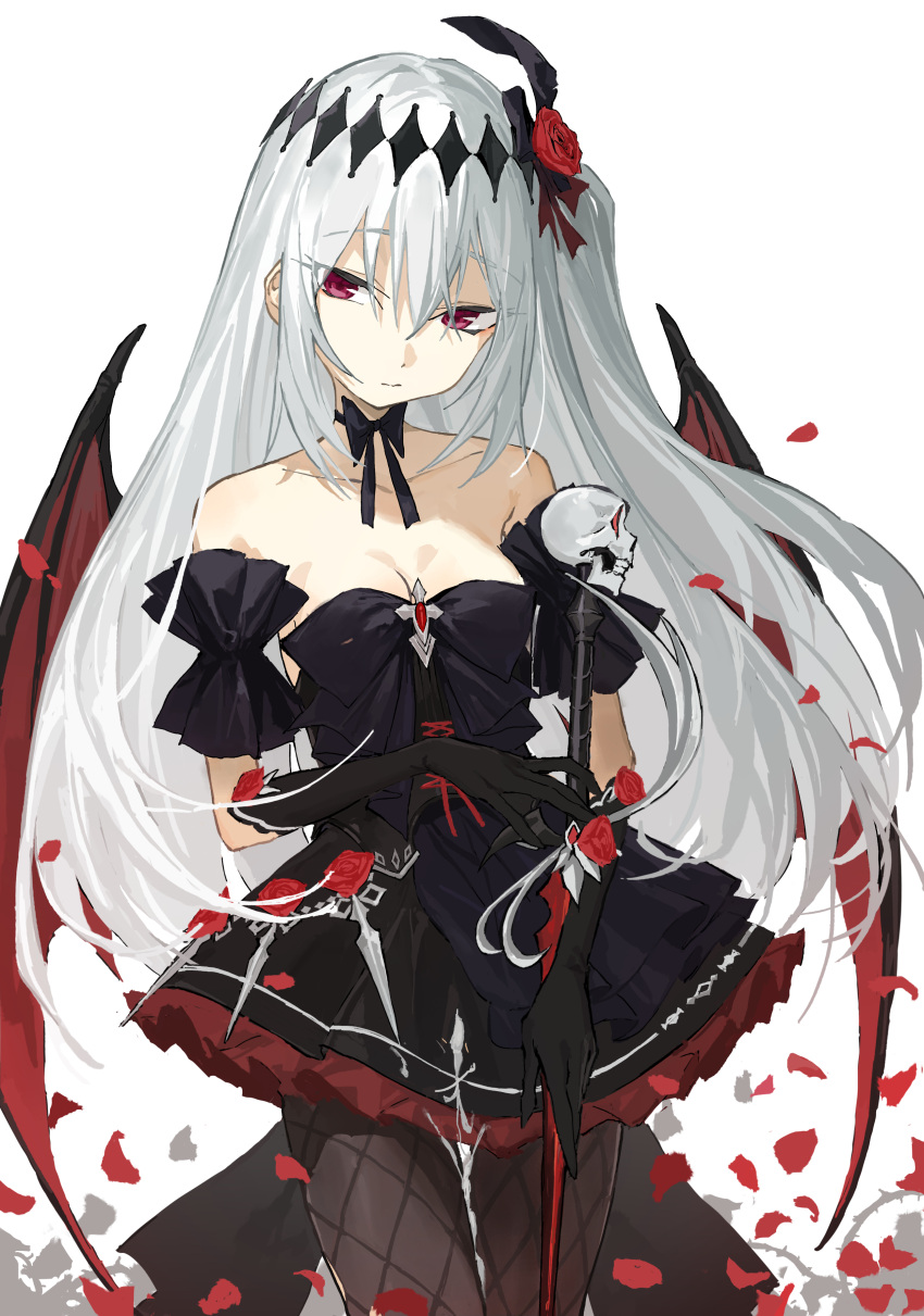 1girl, absurdres, bare_shoulders, bat_wings, black_bow, black_dress, black_gloves, bow, bowtie, breasts, closed_mouth, collarbone, commission, dress, falling_petals, fishnet_pantyhose, fishnets, flower, frilled_dress, frills, gloves, hair_flower, hair_ornament, highres, holding, holding_staff, long_hair, looking_at_viewer, mare_(ac8231), medium_breasts, naked_bowtie, one_side_up, original, pantyhose, perorin, petals, pixiv_commission, red_eyes, red_flower, red_rose, rose, skull, solo, staff, thorns, white_hair, wings