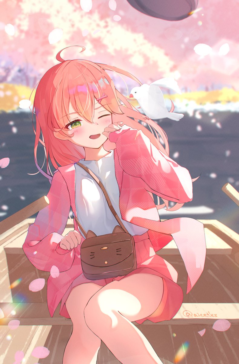 1girl, ahoge, aisu_(aicetkr), alternate_costume, bag, bird, blurry, blurry_background