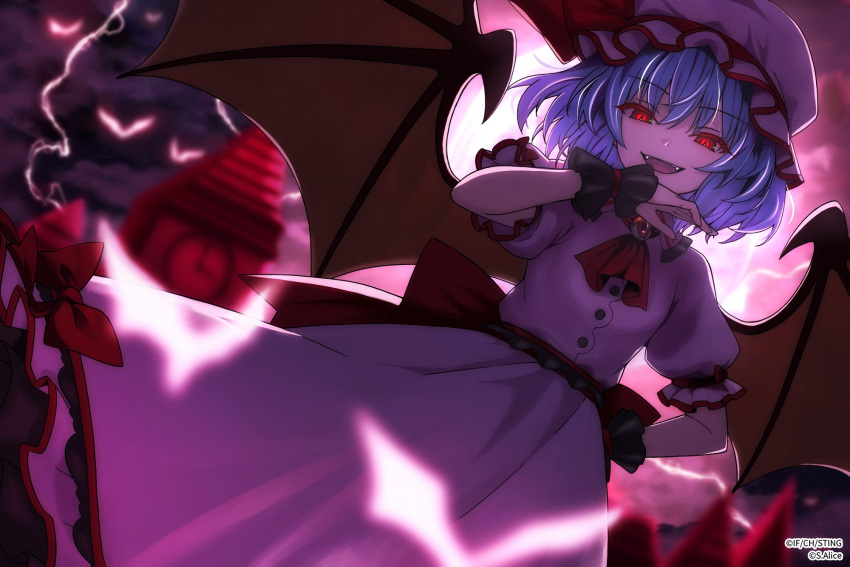 1girl, bat_wings, blue_hair, blurry, blurry_background, fangs, frilled_sleeves, frills