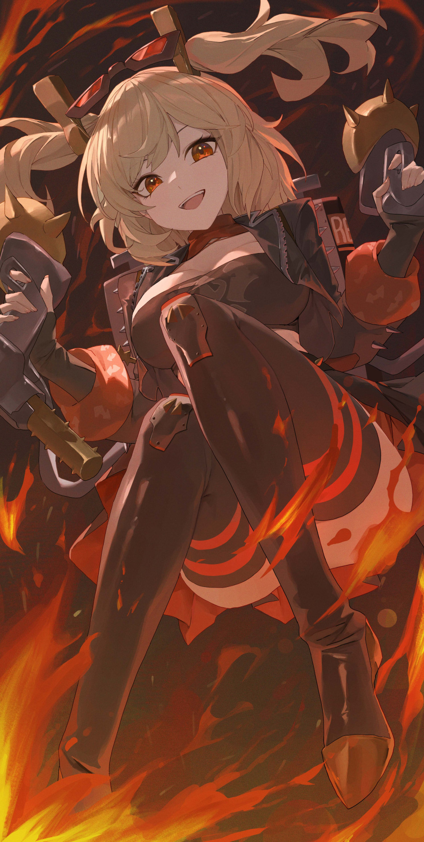 1girl, :d, absurdres, black_jacket, black_skirt, black_tube_top, blonde_hair, boots, burnice_white, commentary, crop_top, eyewear_on_head, film_grain, fingerless_gloves, fire, flamethrower, gloves, gosmfl, hair_ornament, high_heel_boots, high_heels, highres, holding_flamethrower, jacket, knees_up, leather, leather_jacket, looking_at_viewer, miniskirt, red-tinted_eyewear, red_eyes, skirt, smile, solo, spiked_jacket, strapless, sunglasses, thigh_boots, tinted_eyewear, tube_top, twintails, weapon, zenless_zone_zero, zettai_ryouiki