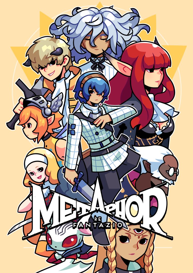 4girls, 5boys, arm_up, ascot, bat_wings, belt, black_belt, black_bustier