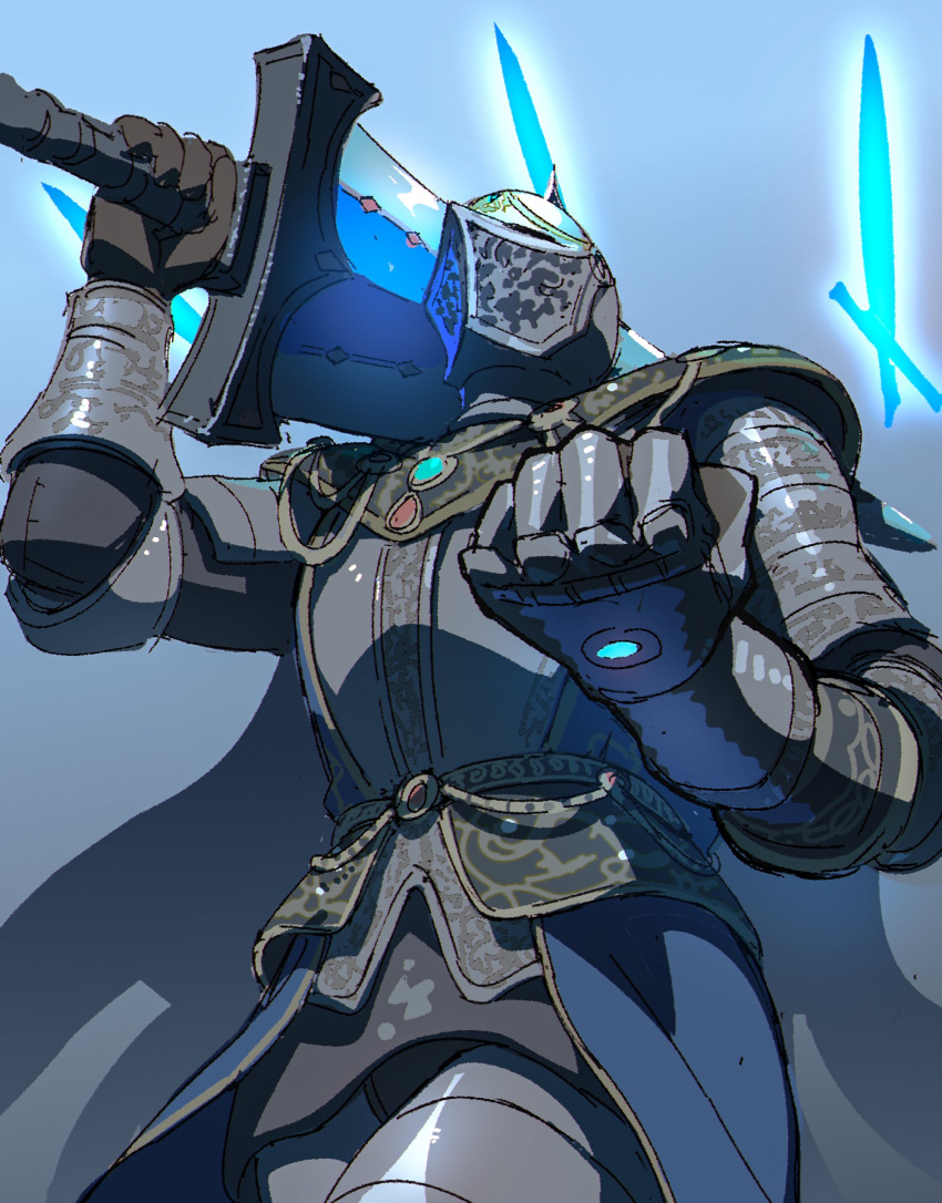 absurdres, aisendraw, armor, blue_background, blue_gemstone, cape, casting_spell, clenched_hands