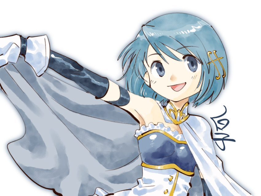 1girl, arm_warmers, bare_shoulders, blue_eyes, blue_hair, cape, cape_lift, fortissimo