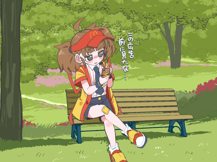 1girl, ahoge, belt, bench, black_belt, black_necktie, black_shorts, blush