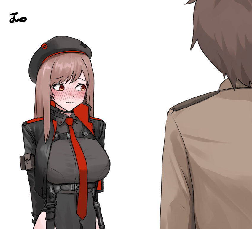 1boy, 1girl, arm_pouch, arms_behind_back, beret, black_jacket, blush, breasts, brown_hair, collared_leotard, commander_(nikke), cropped_jacket, goddess_of_victory:_nikke, hat, hetero, highres, jacket, large_breasts, long_hair, long_sleeves, looking_to_the_side, military_uniform, necktie, noorung, pouch, rapi_(nikke), red_eyes, red_necktie, shirt, upper_body, wavy_mouth