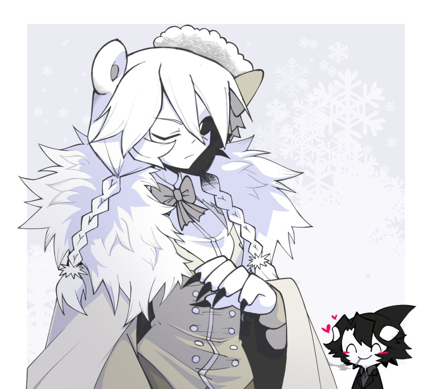 1boy, 1girl, ^_^, animal_ears, bear_claws, bear_ears, bear_girl, black_hair