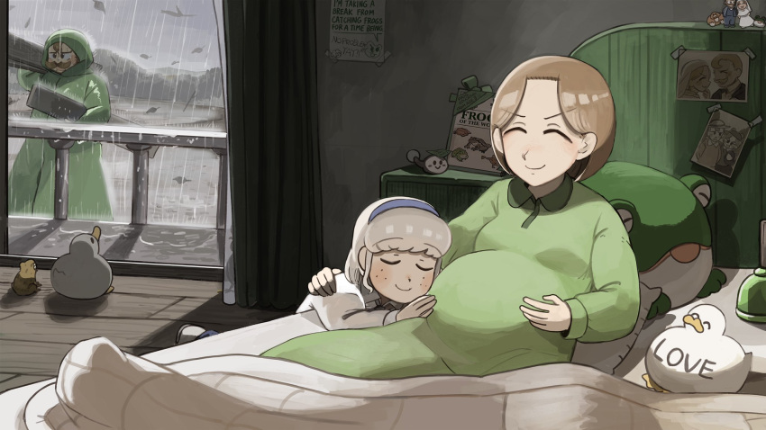1boy, 2girls, aged_down, bird, blue_hairband, brown_hair, chicken, diva_(hyxpk)
