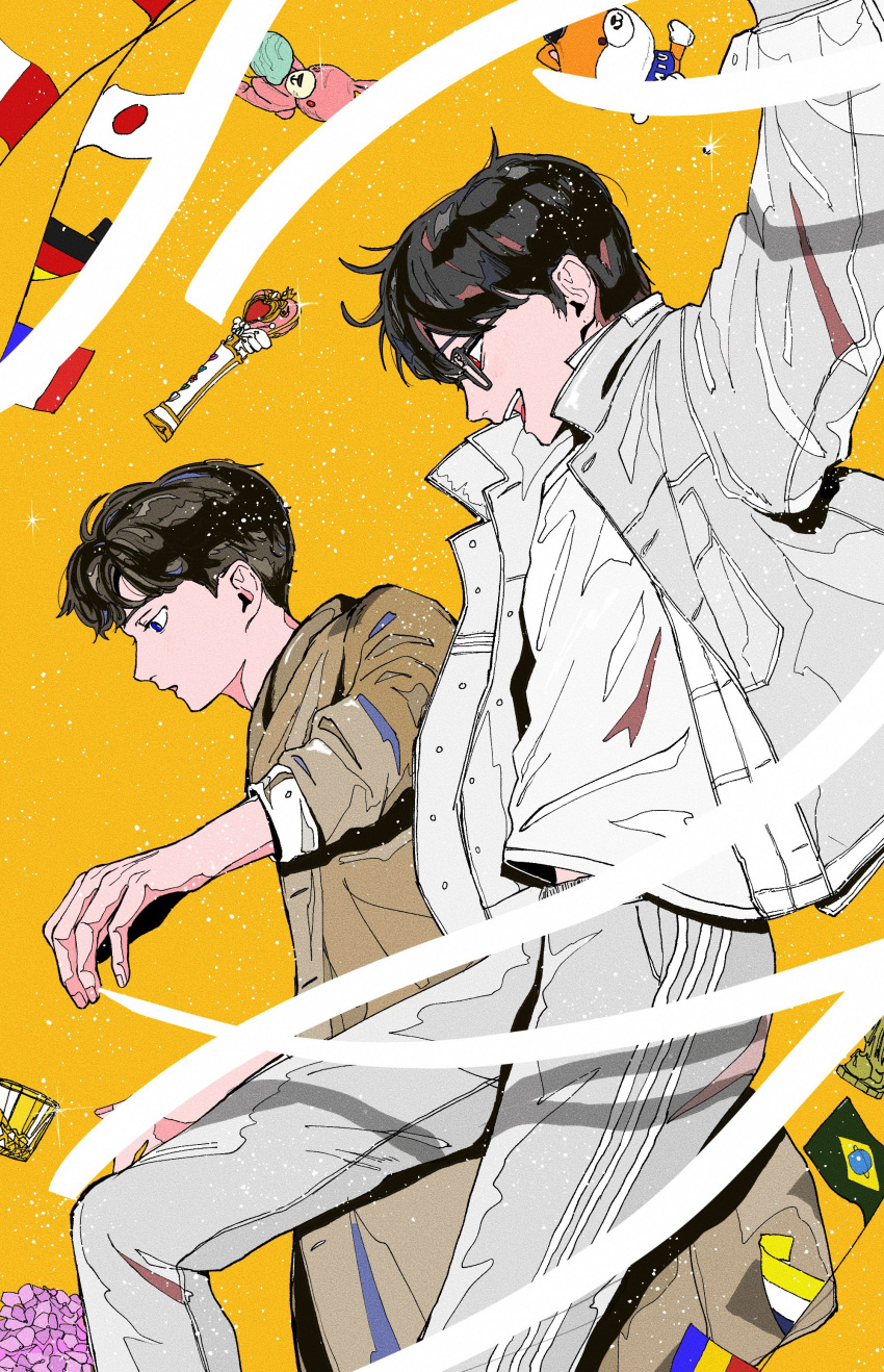 2boys, absurdres, arm_up, ayano_gou, blue_eyes, brazilian_flag, brown_hair, brown_jacket