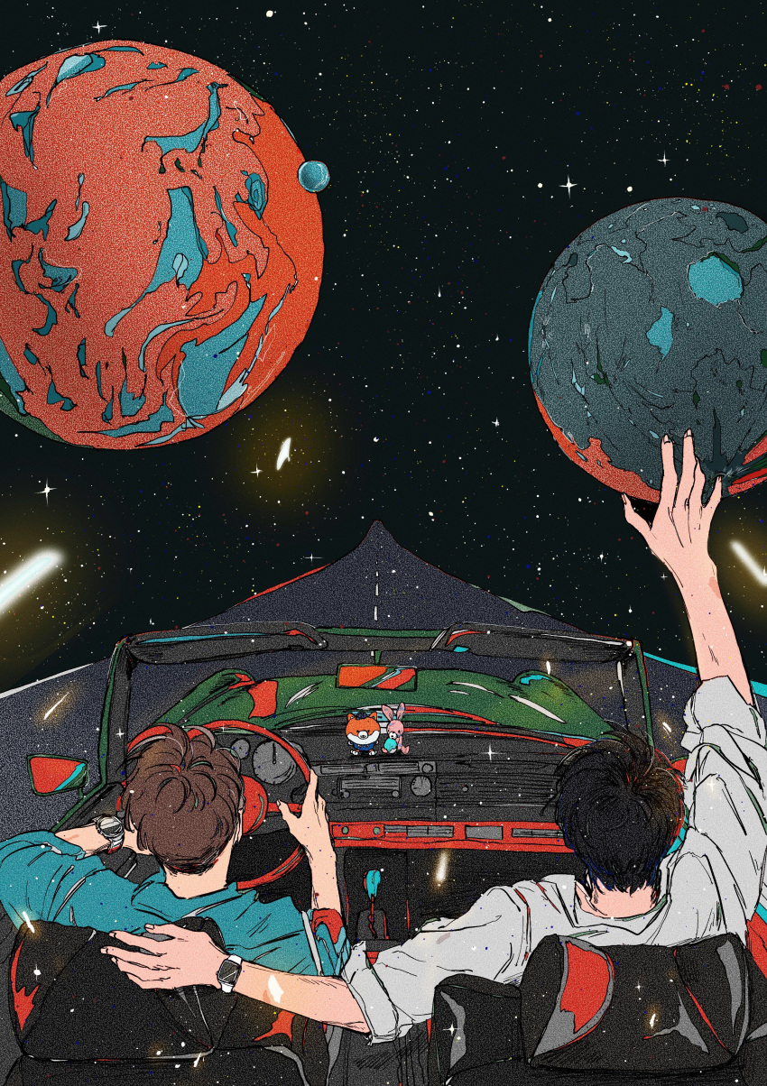 2boys, absurdres, arm_up, ayano_gou, back, black_hair, blue_shirt, brown_hair