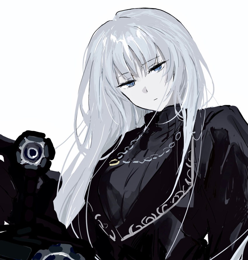 1girl, angelica_(project_moon), black_coat, blue_eyes, coat, grey_hair, highres, jewelry