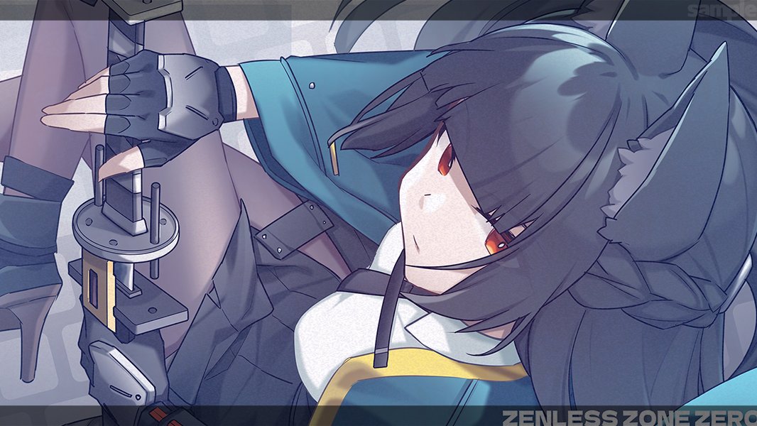 1girl, animal_ear_fluff, animal_ears, black_footwear, black_gloves, black_hair, black_necktie, black_pantyhose