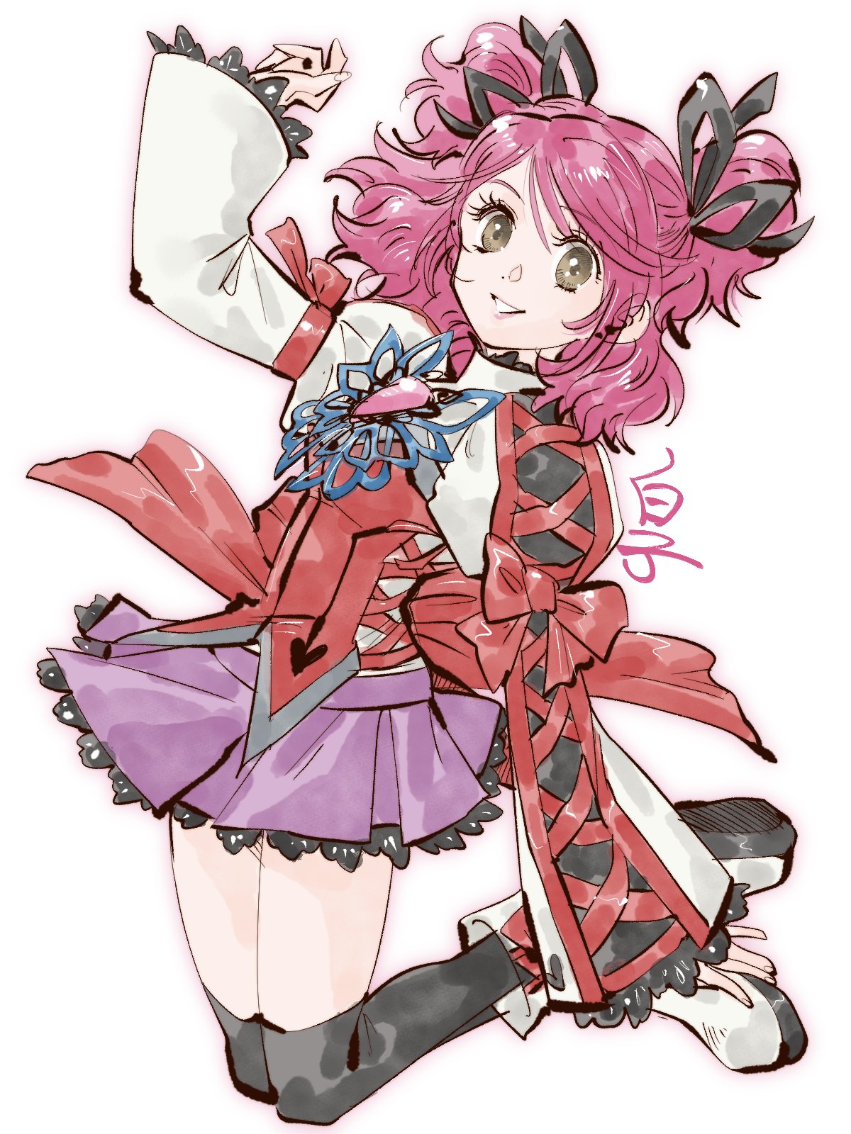 1girl, arm_up, back_bow, black_thighhighs, boots, bow, brooch, brown_eyes