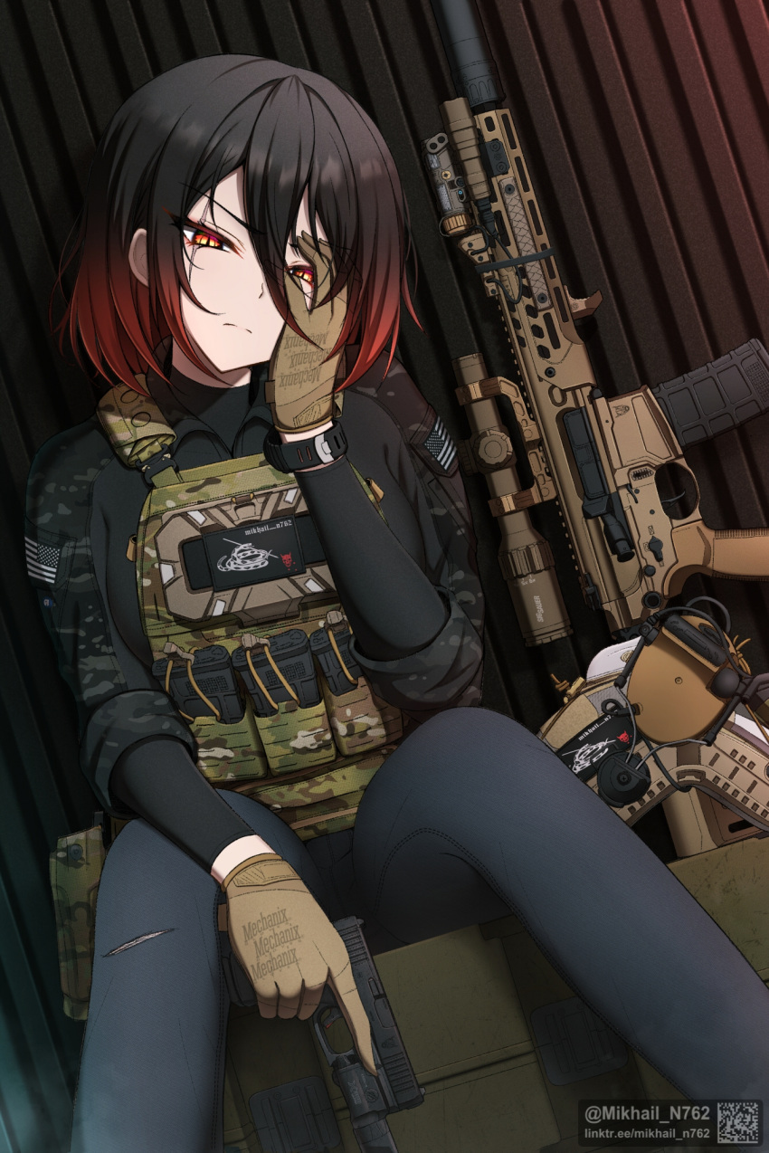 1girl, american_flag, artist_name, black_hair, black_pants, black_shirt, black_undershirt, brown_gloves