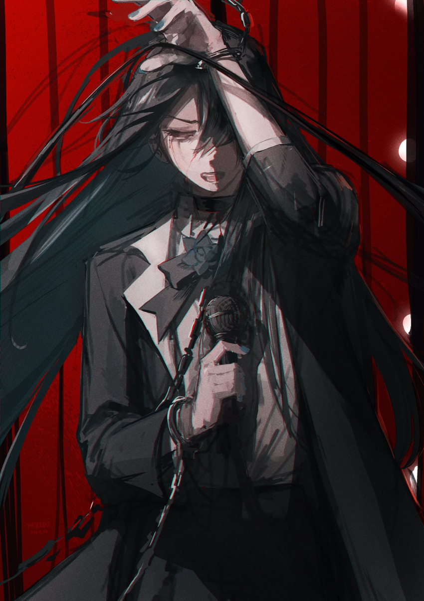 1girl, ado_(utaite), ado_box, black_bow, black_bowtie, black_choker, black_coat, black_hair