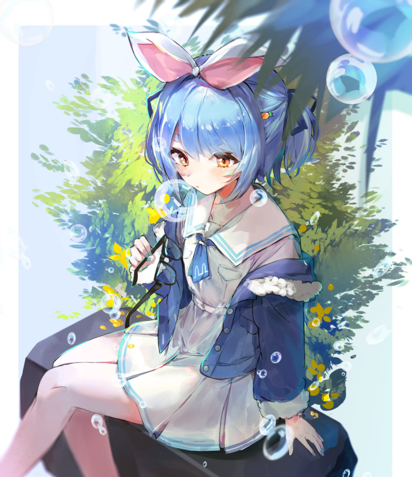 1girl, air_bubble, blue_hair, blue_jacket, bubble, closed_mouth, commentary, dress
