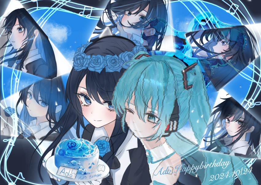 2girls, 89_701, ado_(utaite), aqua_hair, birthday_cake, black_hair, blue_eyes, blue_flower