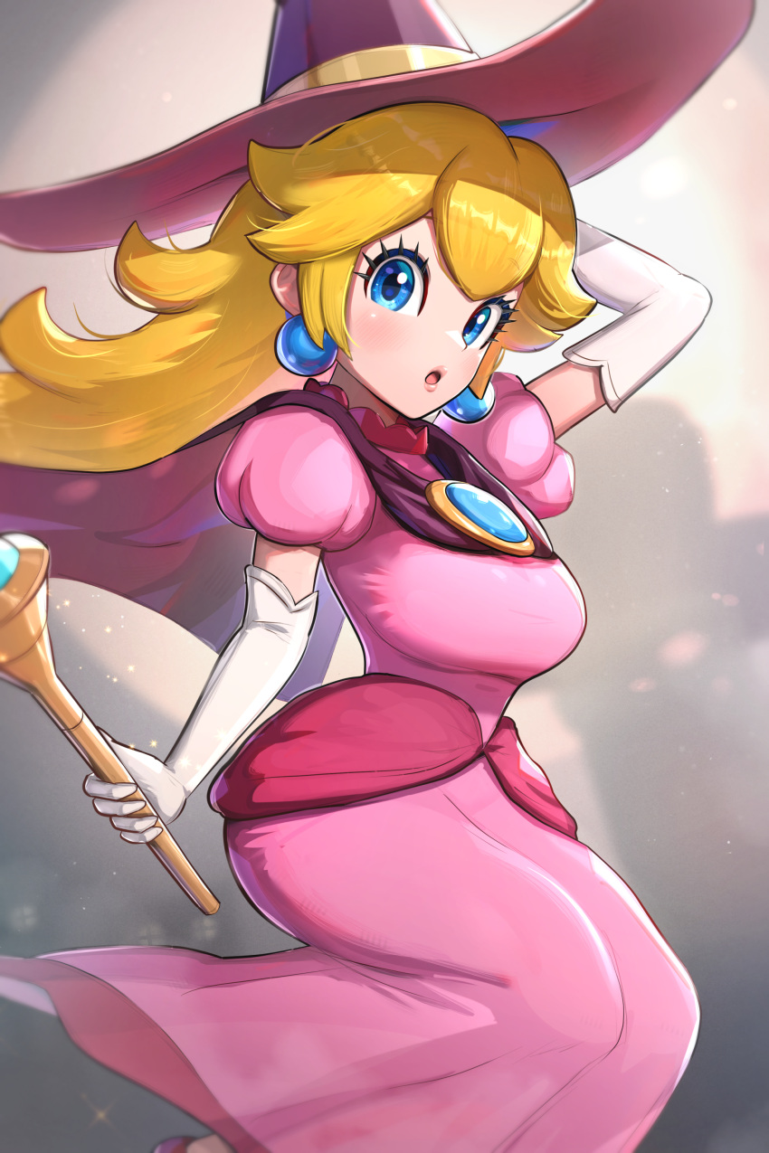 1girl, :o, absurdres, blonde_hair, blue_eyes, capelet, commentary_request, dress, earrings, elbow_gloves, gloves, gonzarez, hat, highres, jewelry, lips, long_dress, long_hair, looking_at_viewer, official_alternate_costume, pink_dress, pink_hat, princess_peach, princess_peach_(halloween), puffy_short_sleeves, puffy_sleeves, short_sleeves, solo, sphere_earrings, super_mario_bros., white_gloves, witch_hat