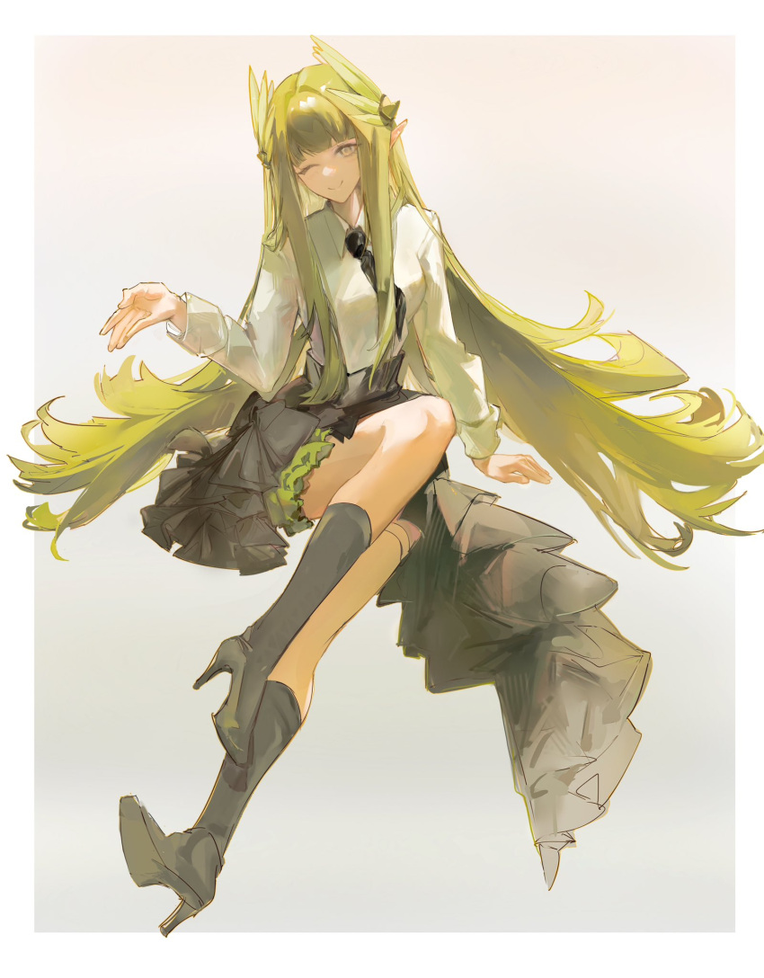 1girl, arknights, blunt_bangs, boots, full_body, grey_footwear, hair_ornament, high_heel_boots