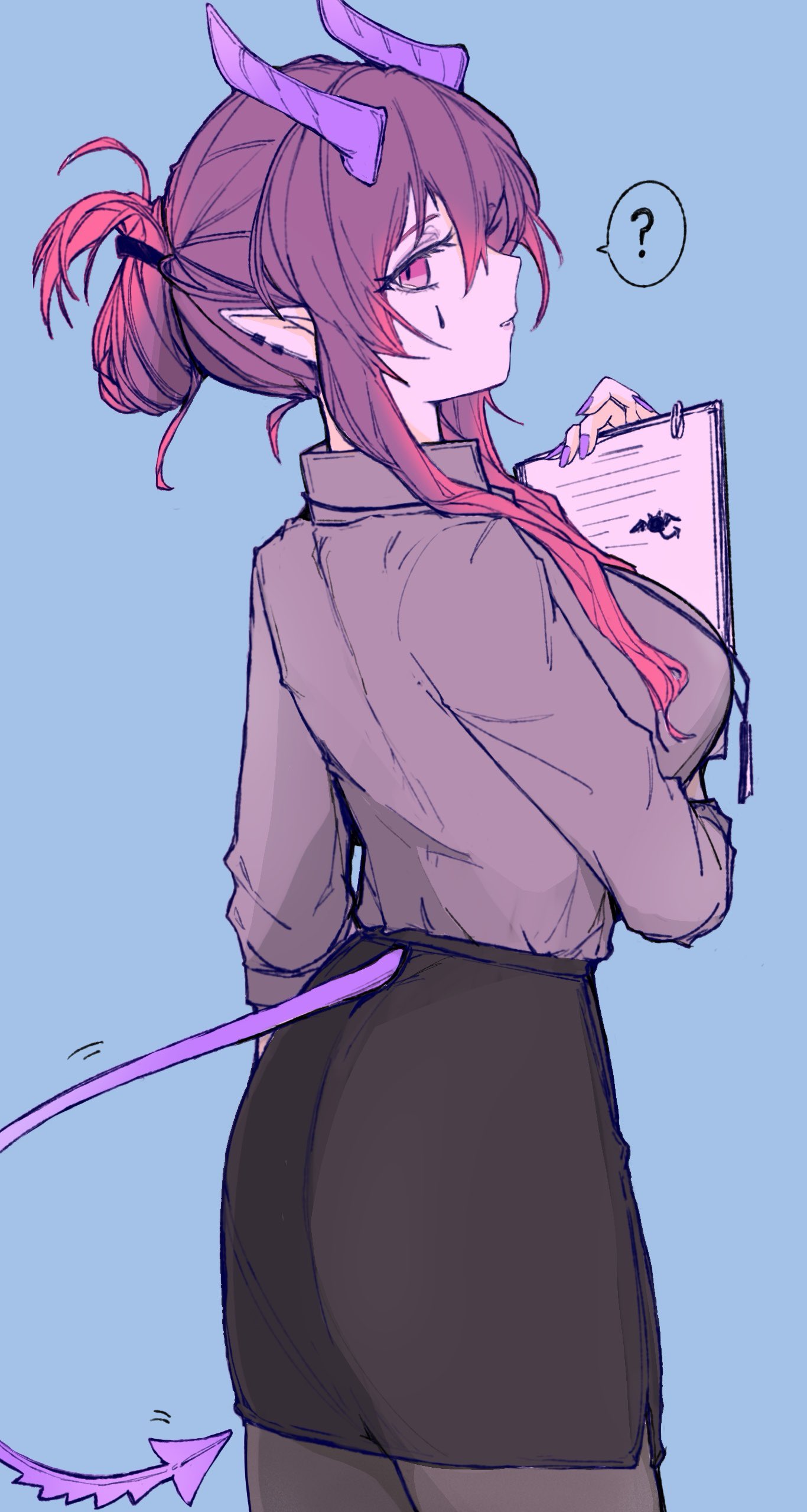 1girl, ?, absurdres, arknights, ascalon_(arknights), black_skirt, clipboard, demon_girl, demon_horns, ear_piercing, highres, horns, looking_at_viewer, looking_back, office_lady, pencil_skirt, piercing, purple_hair, purple_horns, purple_shirt, purple_tail, shirt, shishamo_(ekmei4), skirt, tail, teardrop_facial_mark, violet_eyes