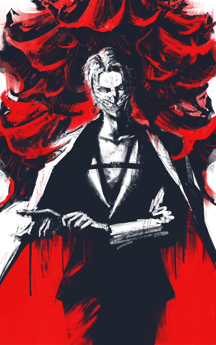 1boy, asymmetrical_bangs, coat, gloves, greyscale, mask, monochrome, mouth_mask, partially_colored, punishing:_gray_raven, solo, suit, vonnegut_(pgr), wolfram_wuyan