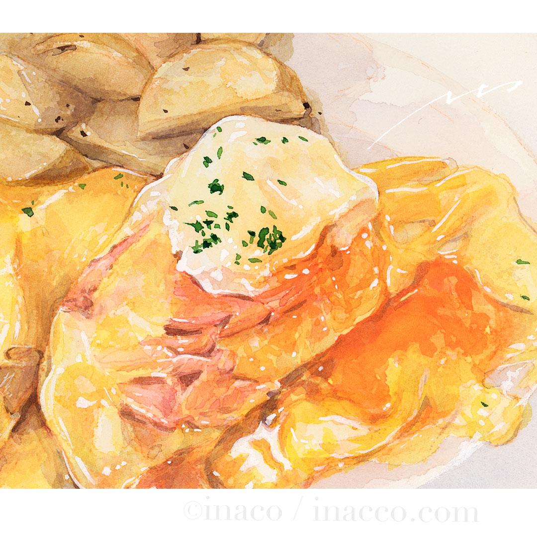 artist_name, commentary_request, egg_(food), eggs_benedict, food, food_focus, inaco, no_humans