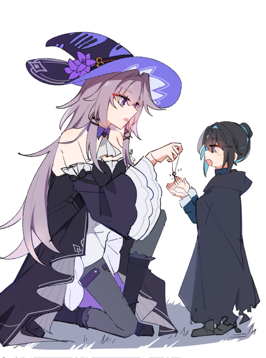 2girls, aged_down, bare_shoulders, black_coat, black_footwear, black_hair, blue_hair, coat